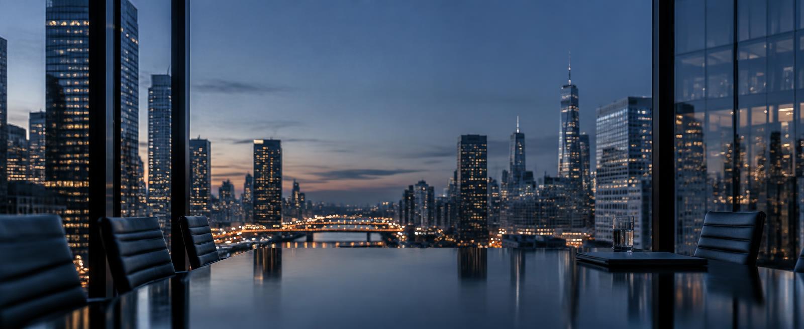 City skyline viewed from a modern conference room